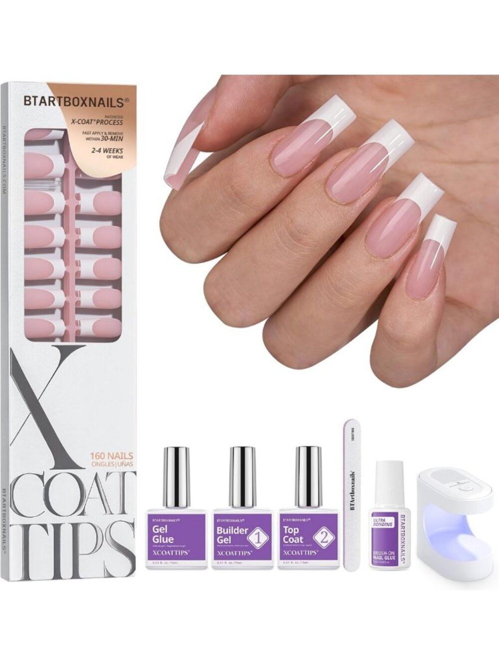 Elegant White French Tip Press-On Nails, L Square Shape, Pink Accent Design
